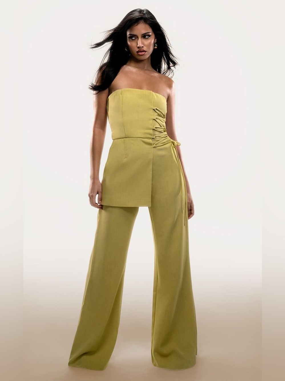 PrettyLittleThing Olive Strapless Wide-Leg Jumpsuit with Side Lace-Up